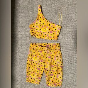 Zara Yellow Floral One-Shoulder Top and Biker Shorts Set